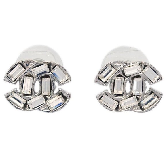 Chanel CC Piercing Earrings Silver Rhinestone 01P - Picture 1 of 5
